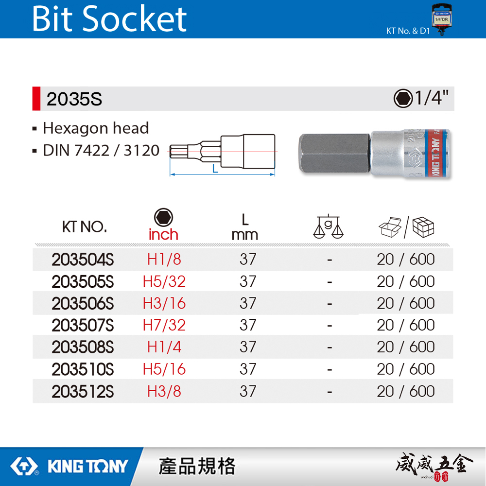 KING TONY 金統立｜1/4" 2分手動六角凸套筒 六角起子頭套筒 兩分六角型套筒｜2035S｜台灣製