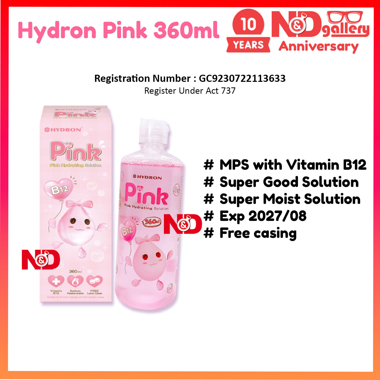 Horien Eye Secret Hydron Pink 360ml Multi Purpose Solution for contact lens with Vitamin B12 Ready stock