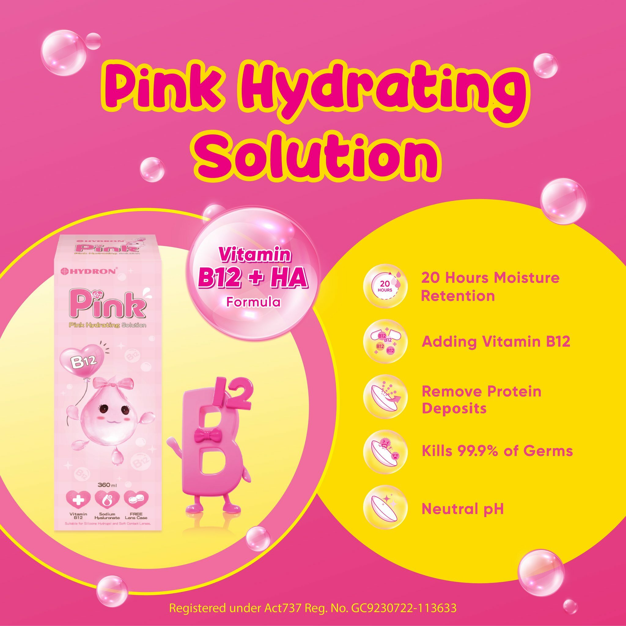 Horien Eye Secret Hydron Pink 360ml Multi Purpose Solution for contact lens with Vitamin B12 Ready stock