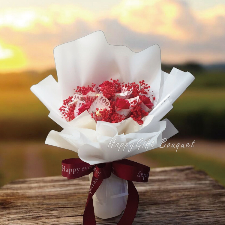 10朵玫瑰鈔票花束,白色包裝夕陽下