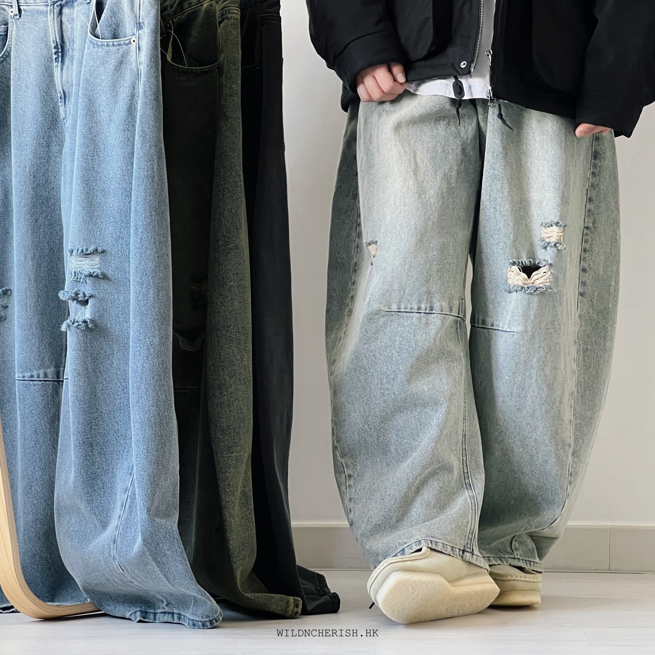 パンツ Baggy silhouette curve denim 現貨| Freak's Store Wide Silhouette Distressed Curved De