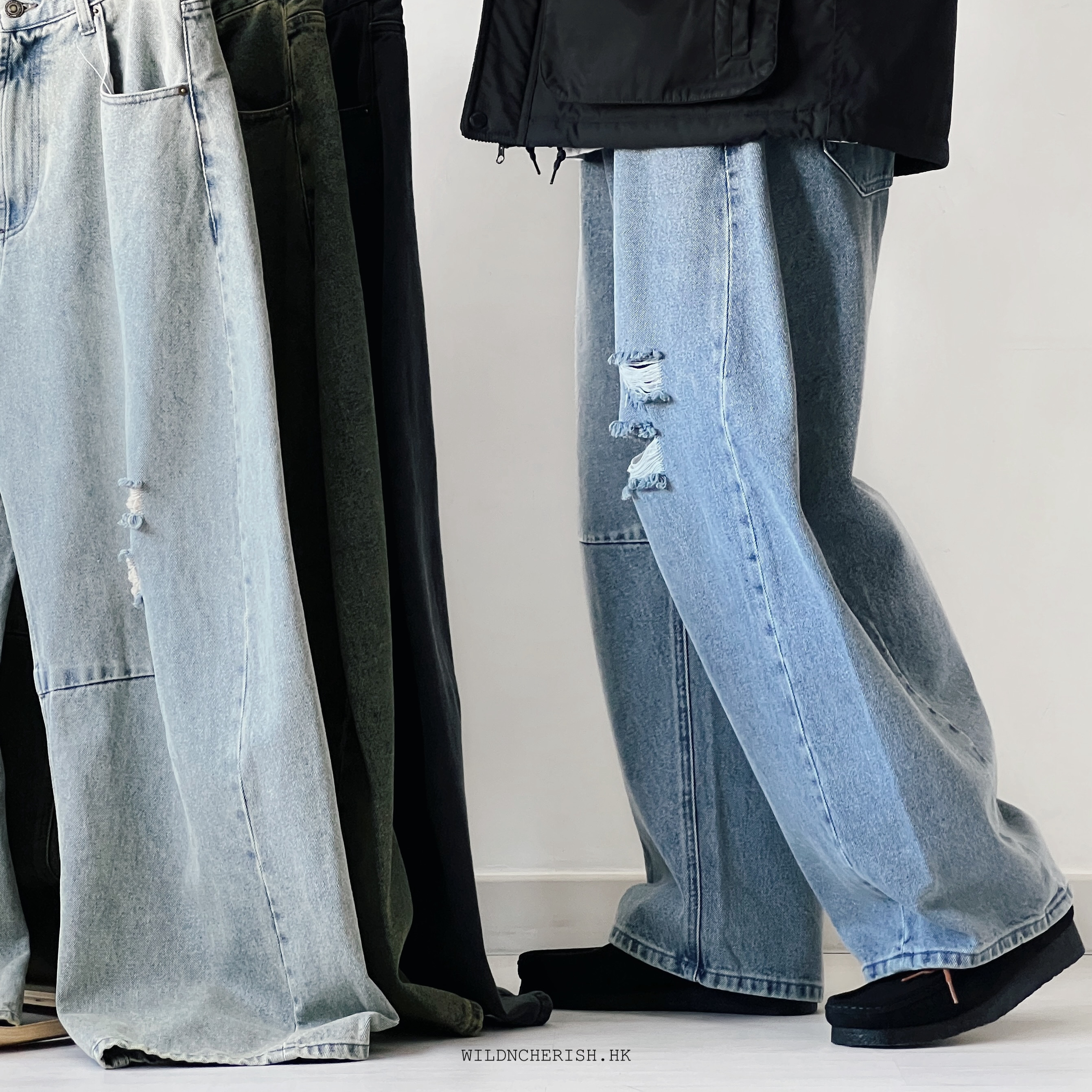 現貨 | Freak's Store Wide Silhouette Distressed Curved Denim Pants 彎刀牛仔褲 四色