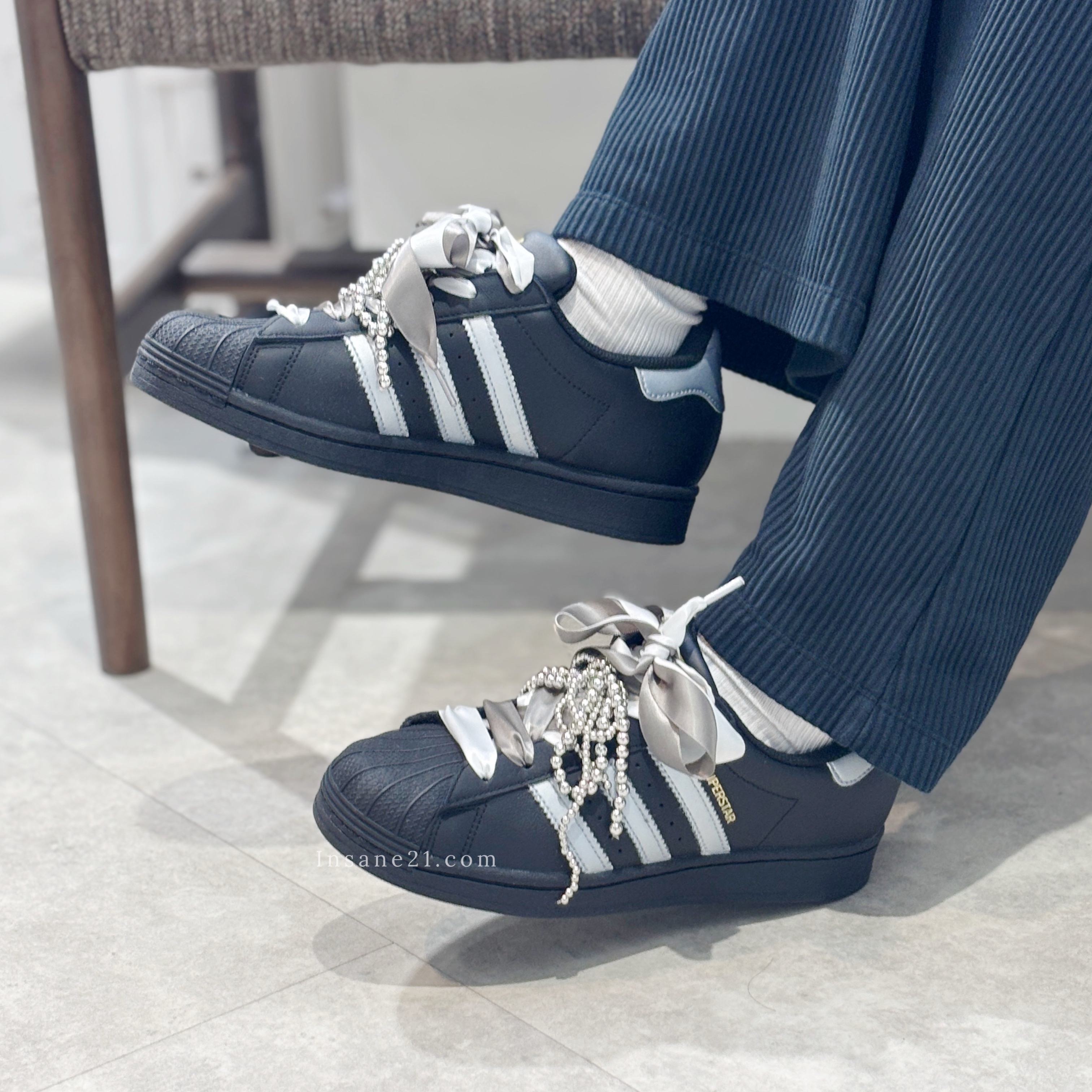 訂製球鞋 ADIDAS SUPERSTAR 貝殼鞋 黑白 銀色 緞帶 珍珠 EG4959