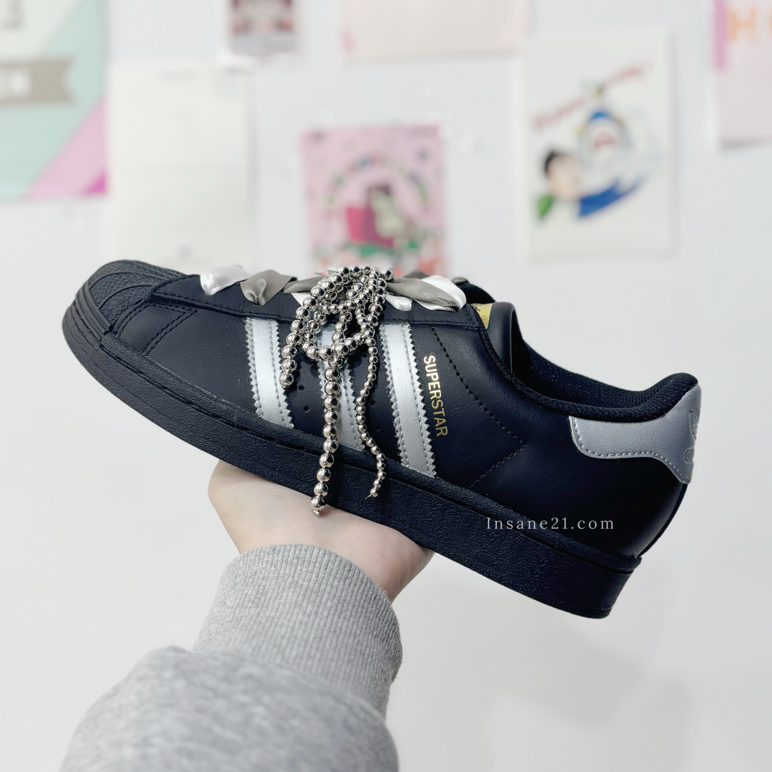 訂製球鞋 ADIDAS SUPERSTAR 貝殼鞋 黑白 銀色 緞帶 珍珠 EG4959