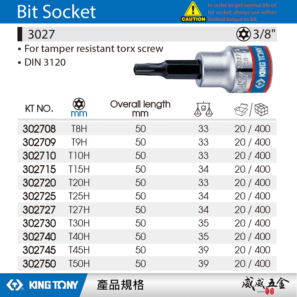 KING TONY 金統立｜3/8" 3分 三分 星型中空凸套筒 六角星型中孔起子頭套筒 星型套筒｜3027