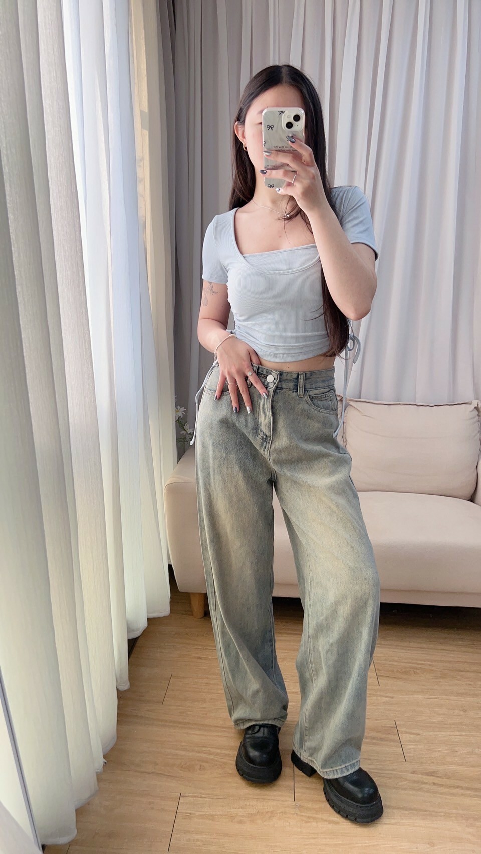 復古刷色牛仔男友寬褲