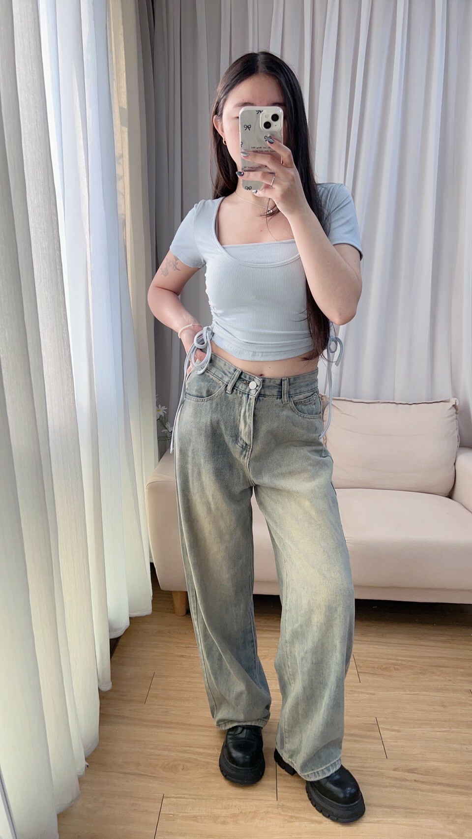 復古刷色牛仔男友寬褲