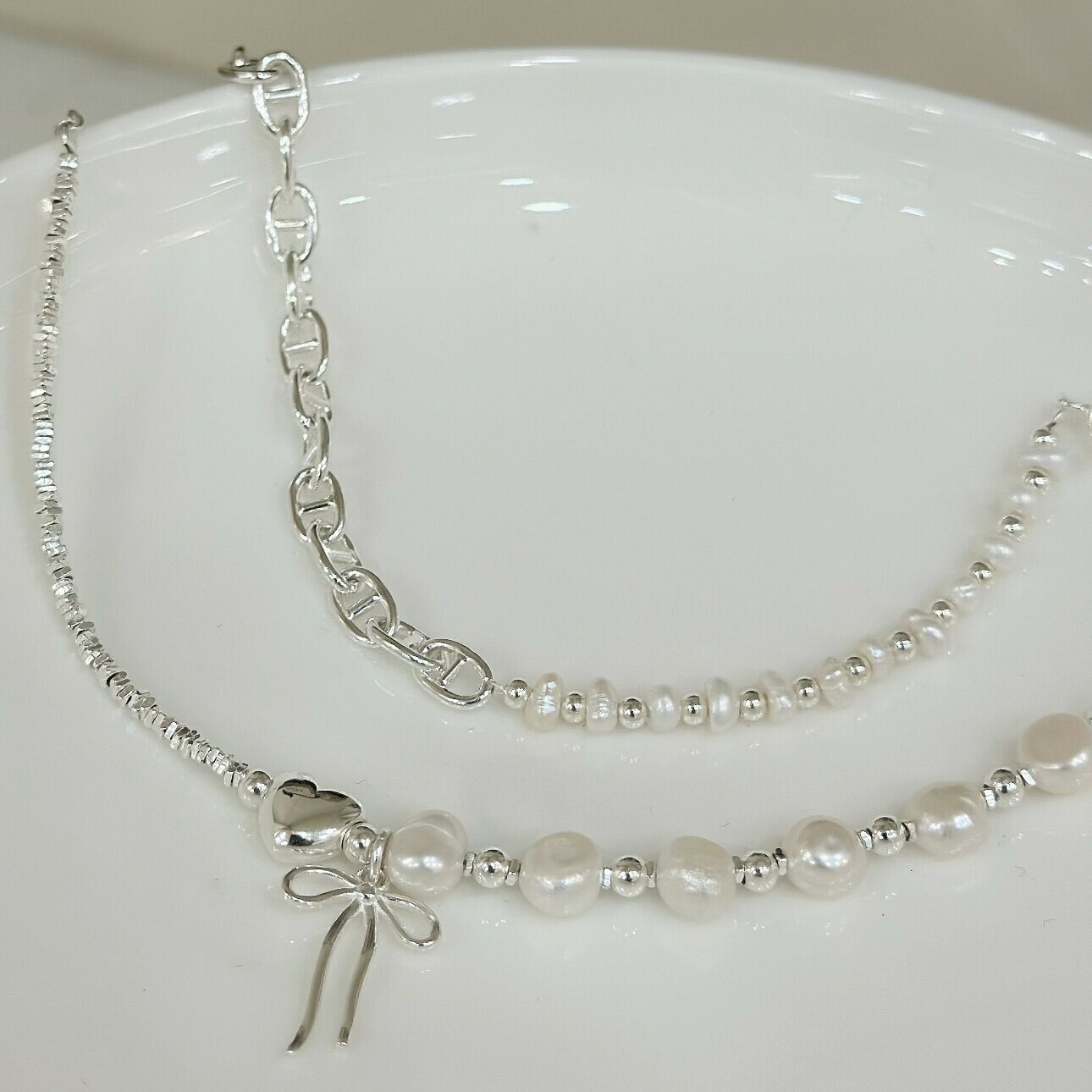 H01碎銀蝴蝶結珍珠純銀手鍊