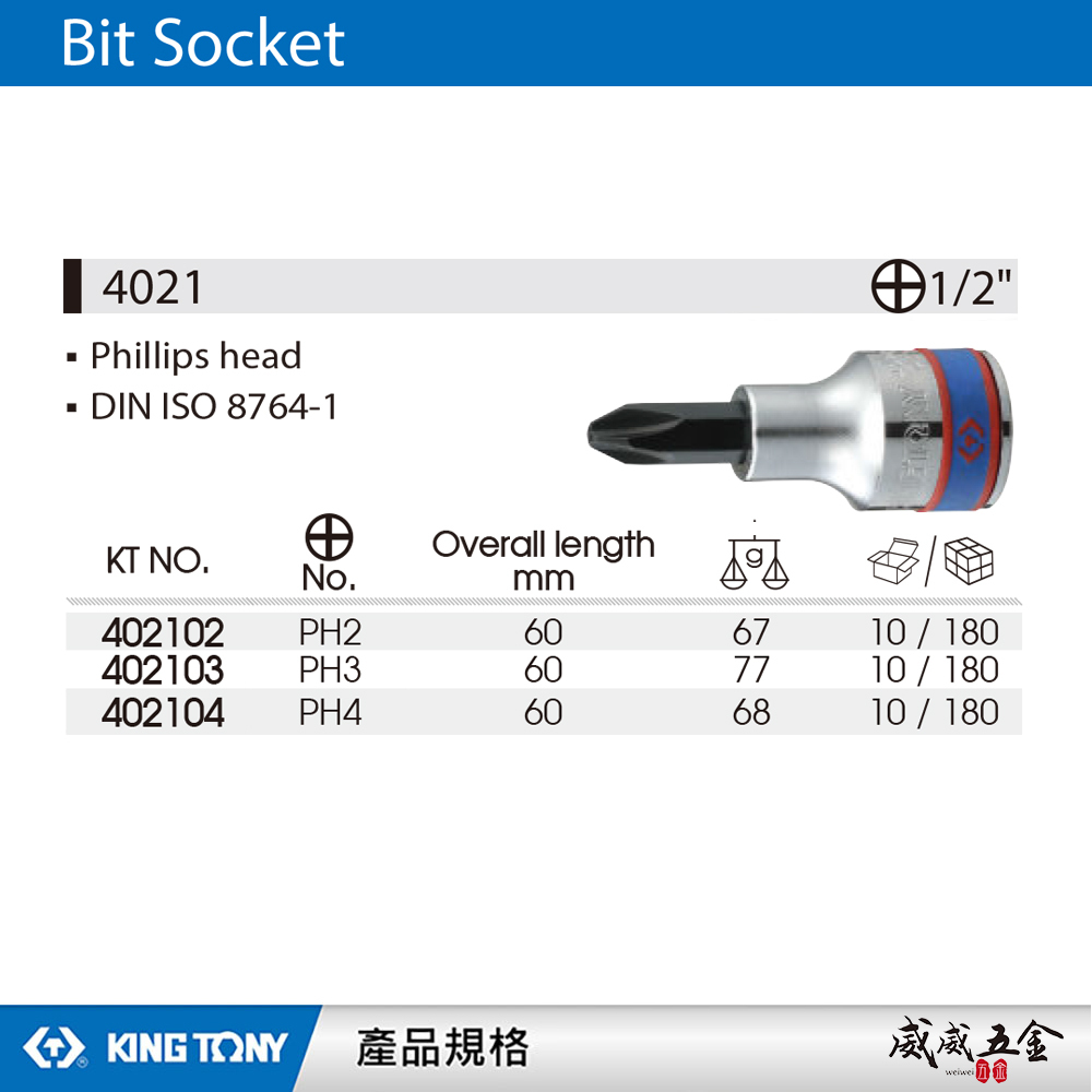 KING TONY 金統立｜PH2-PH3-PH4 四分十字起子頭套筒 4分1/2"手動十字凸套筒｜4021｜台灣製｜公司貨