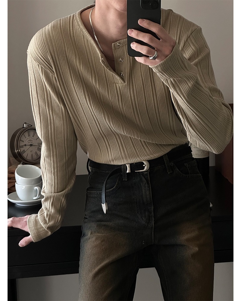 羅紋亨利領針織T恤