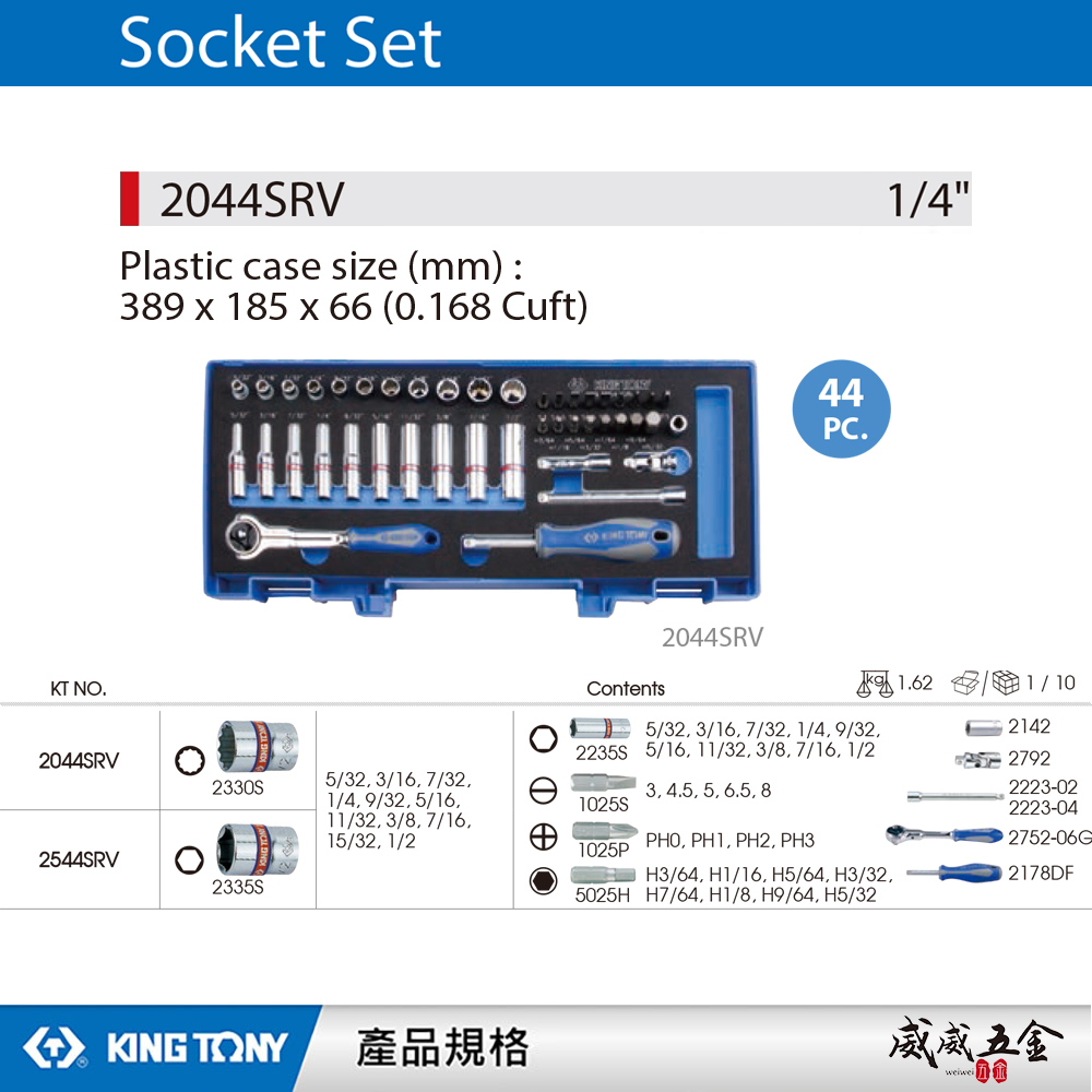 KING TONY 金統立｜兩分 英制 手動套筒組 1/4" 十二角套筒扳手組 2分44件式｜2044SRV