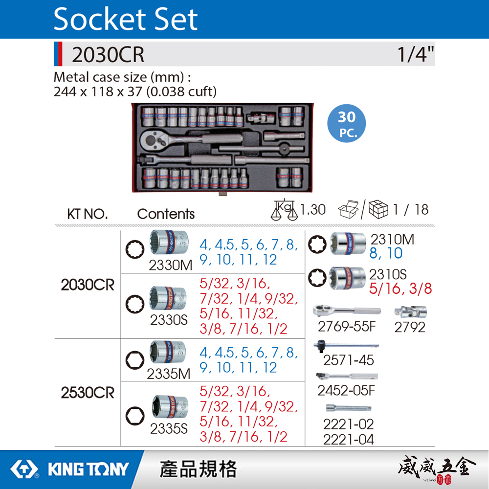 KING TONY 金統立｜1/4" 十二角套筒扳手組 2分 套筒組 30件式 兩分 棘輪板手｜2030CR