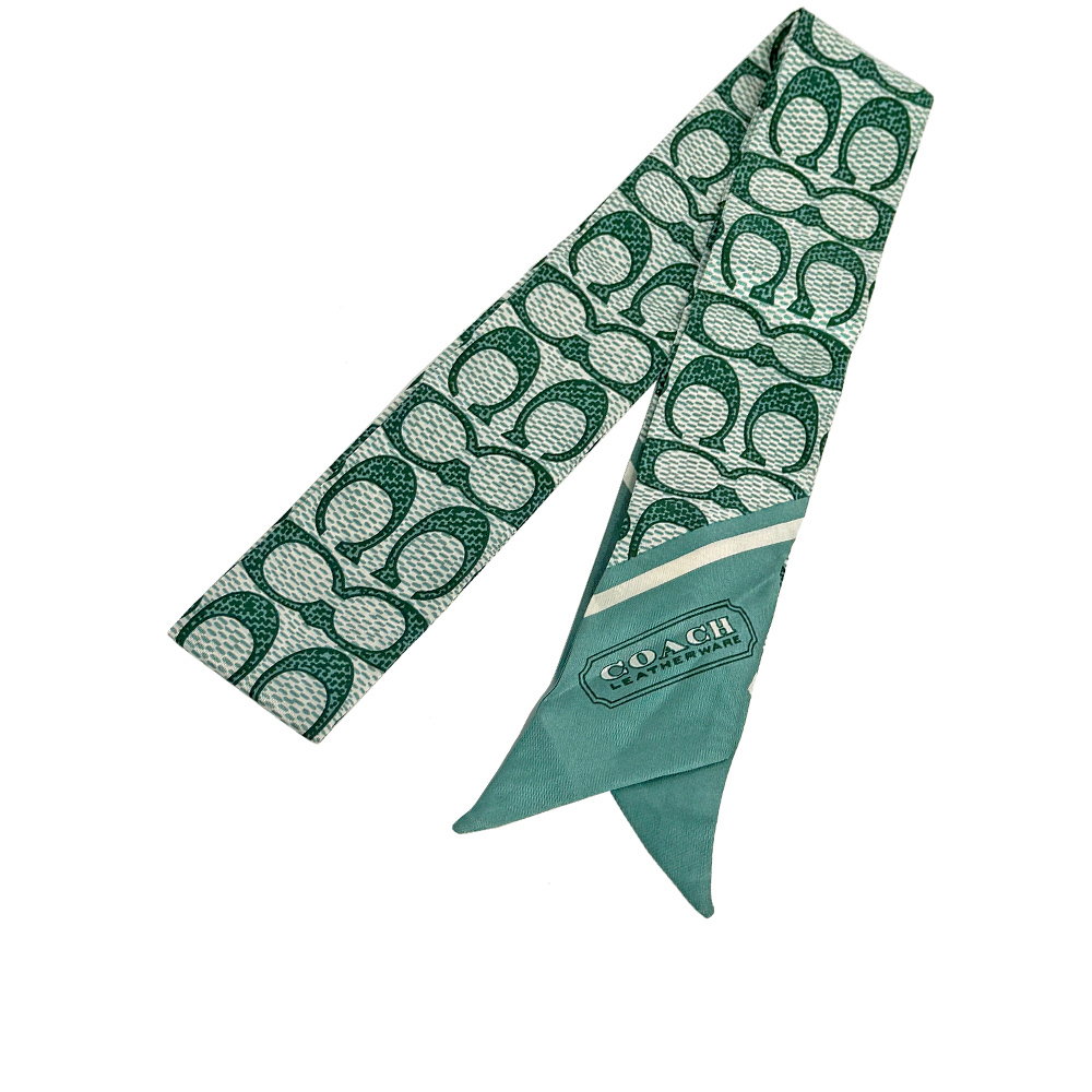【COACH】Signature 復古經典標誌真絲絲巾/Twilly(海水藍)