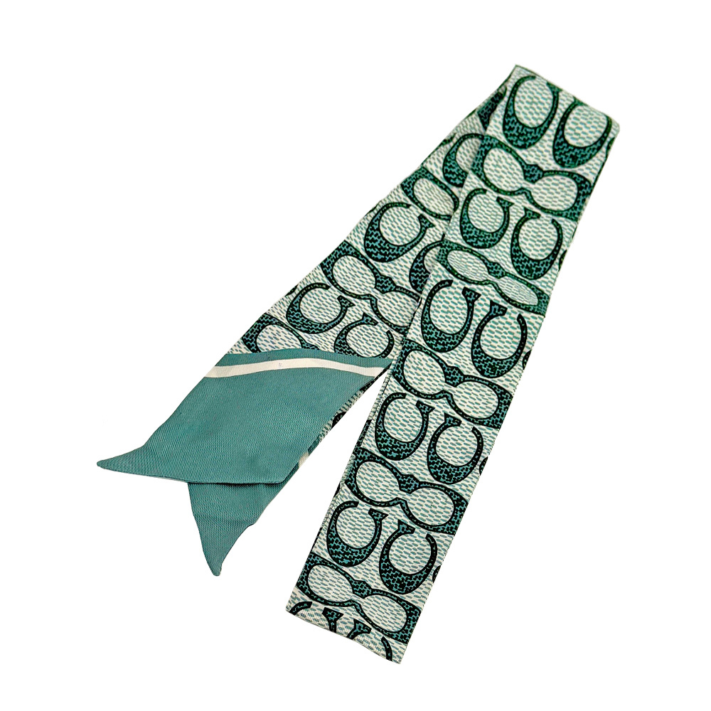 【COACH】Signature 復古經典標誌真絲絲巾/Twilly(海水藍)