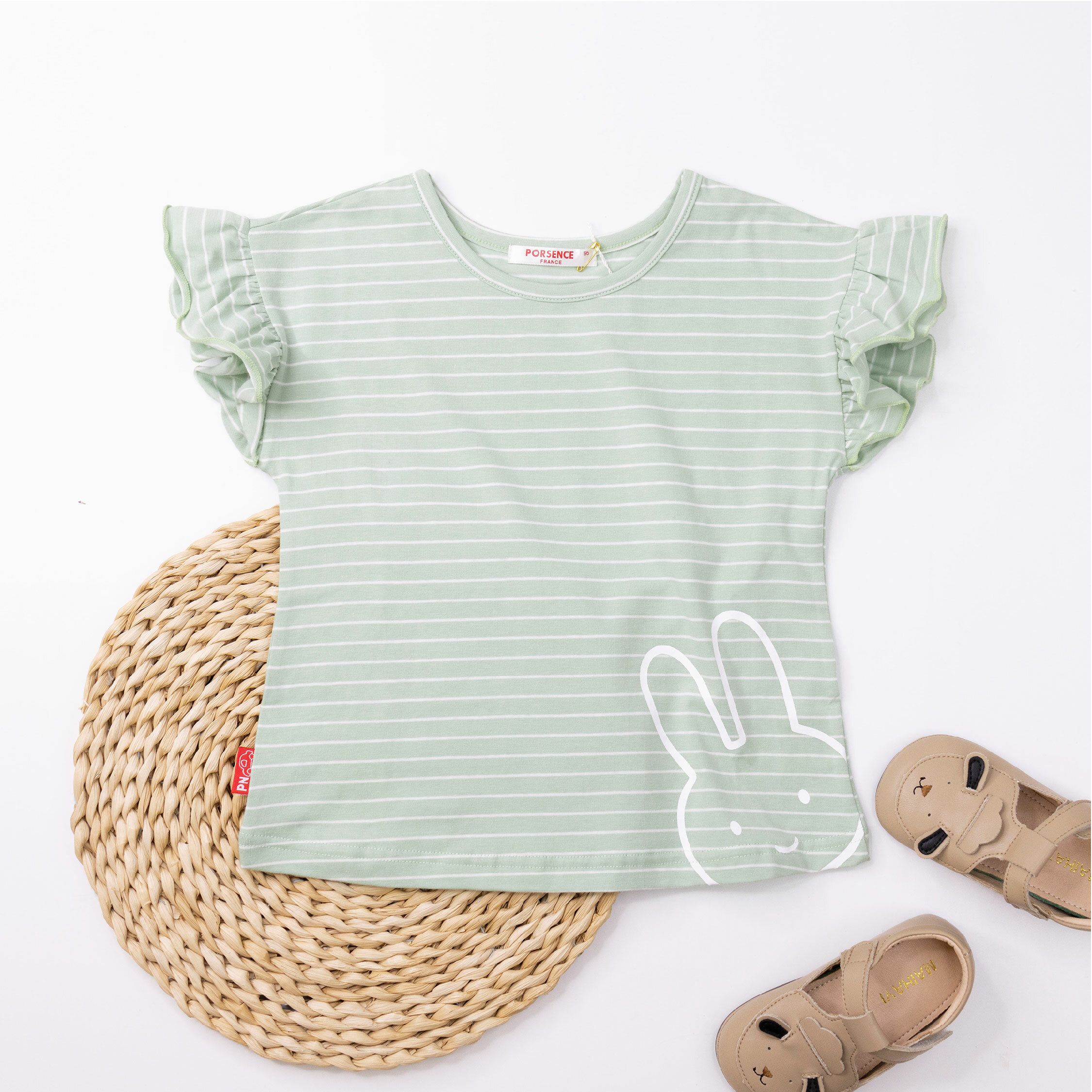 波紳士【22026】微笑兔兔條紋荷葉袖上衣＊二色