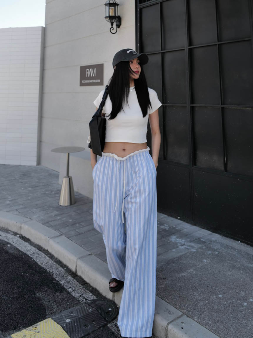 慵懶褲頭滾白邊車線條紋麻料褲*3色