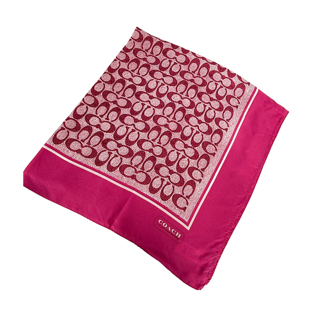 【COACH】Signature 復古經典標誌真絲方巾(火龍果色)