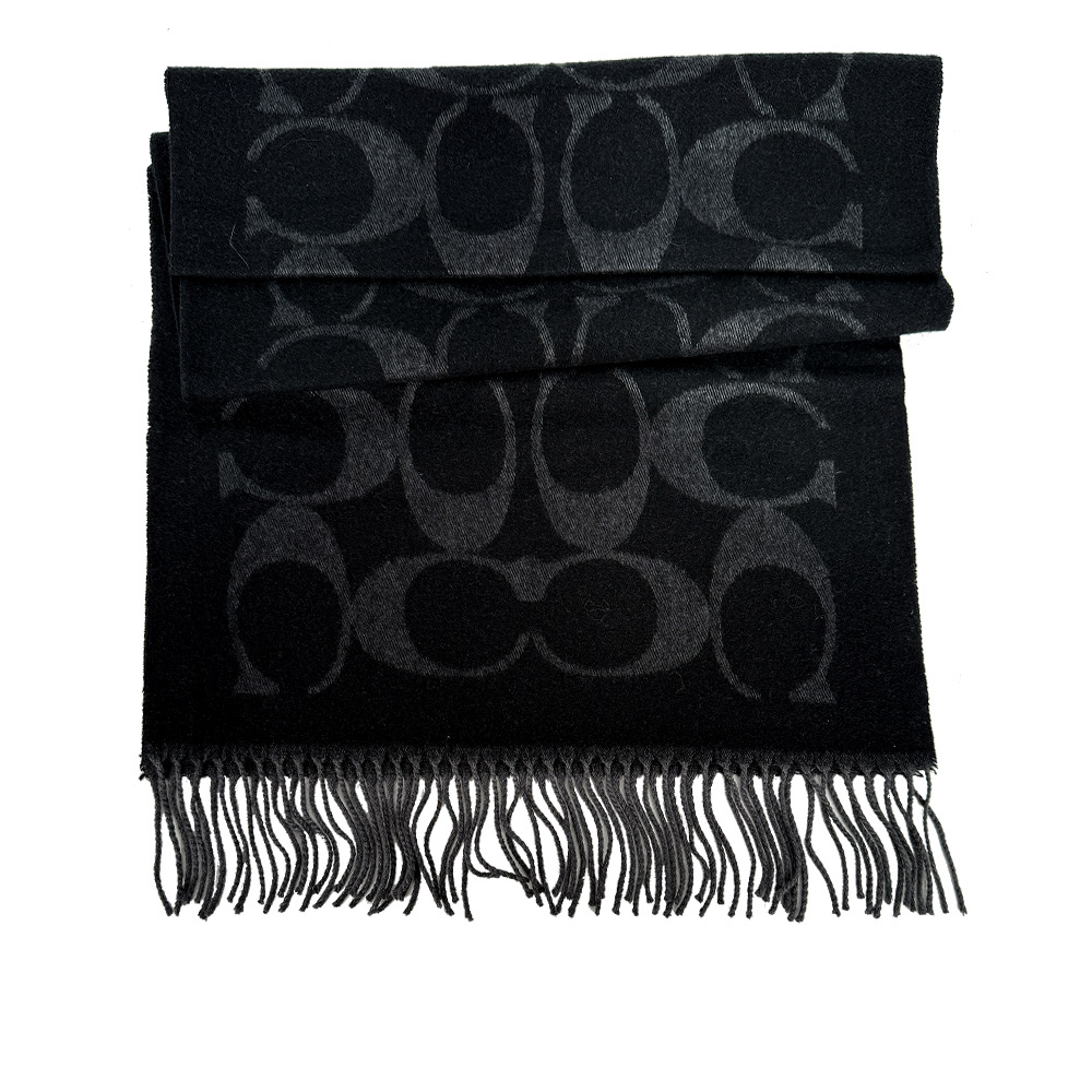 【COACH】滿版CC Logo 羊毛及羊絨長版圍巾(黑色)CU807 BLK
