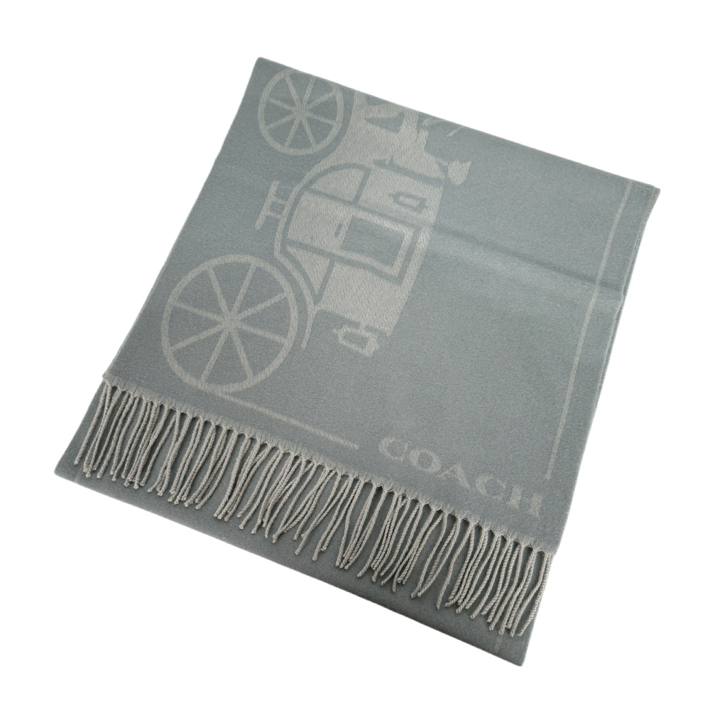 【COACH】馬與馬車圖案羊毛及羊絨長版圍巾(灰藍色)CU808 N19