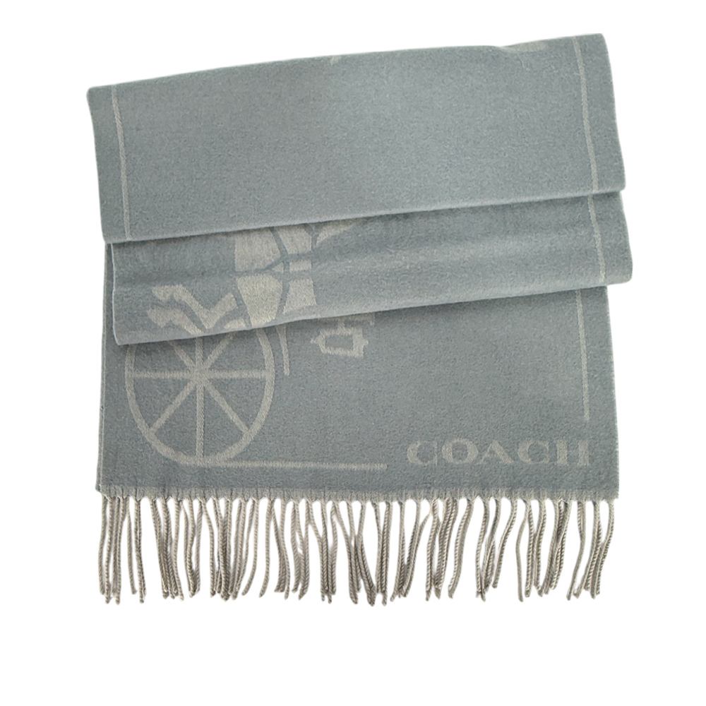 【COACH】馬與馬車圖案羊毛及羊絨長版圍巾(灰藍色)CU808 N19