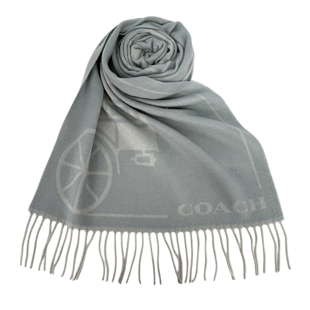 【COACH】馬與馬車圖案羊毛及羊絨長版圍巾(灰藍色)CU808 N19
