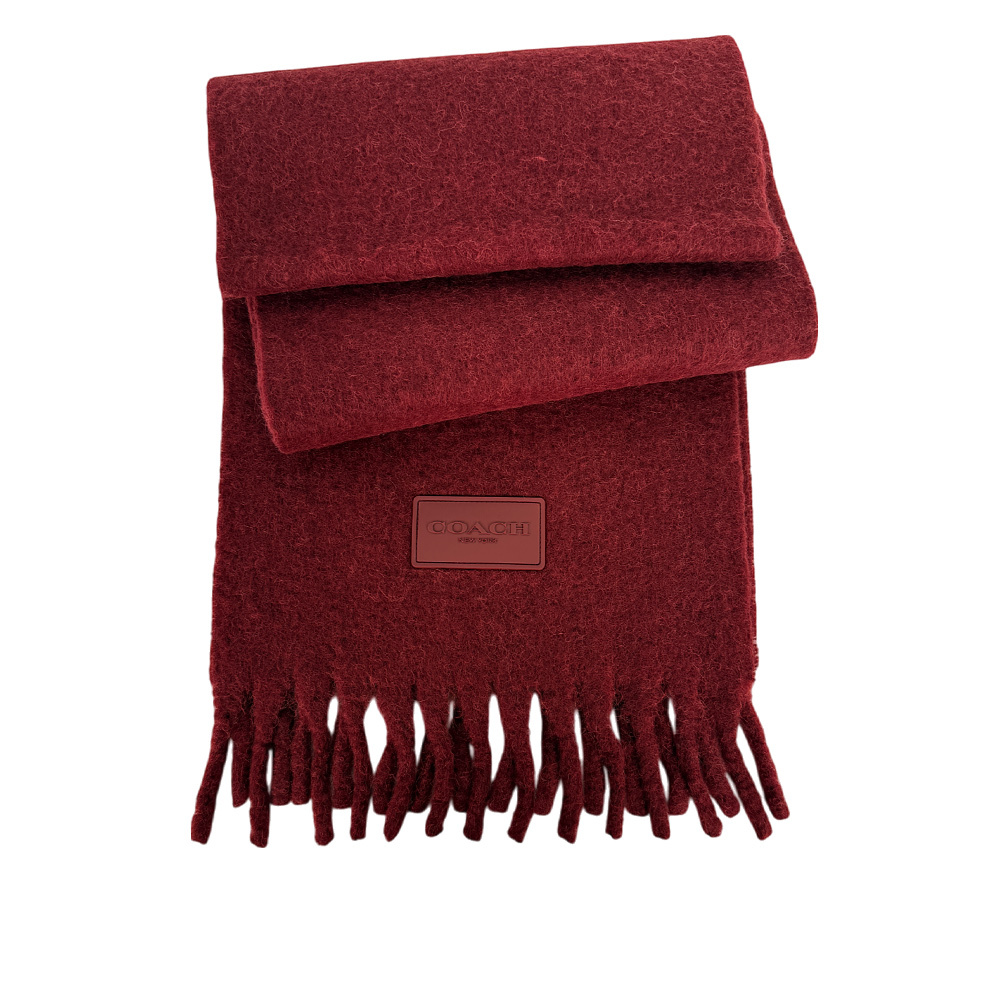 【COACH】橡膠Logo 素面羊駝毛圍巾(酒紅色)CU815 WIN