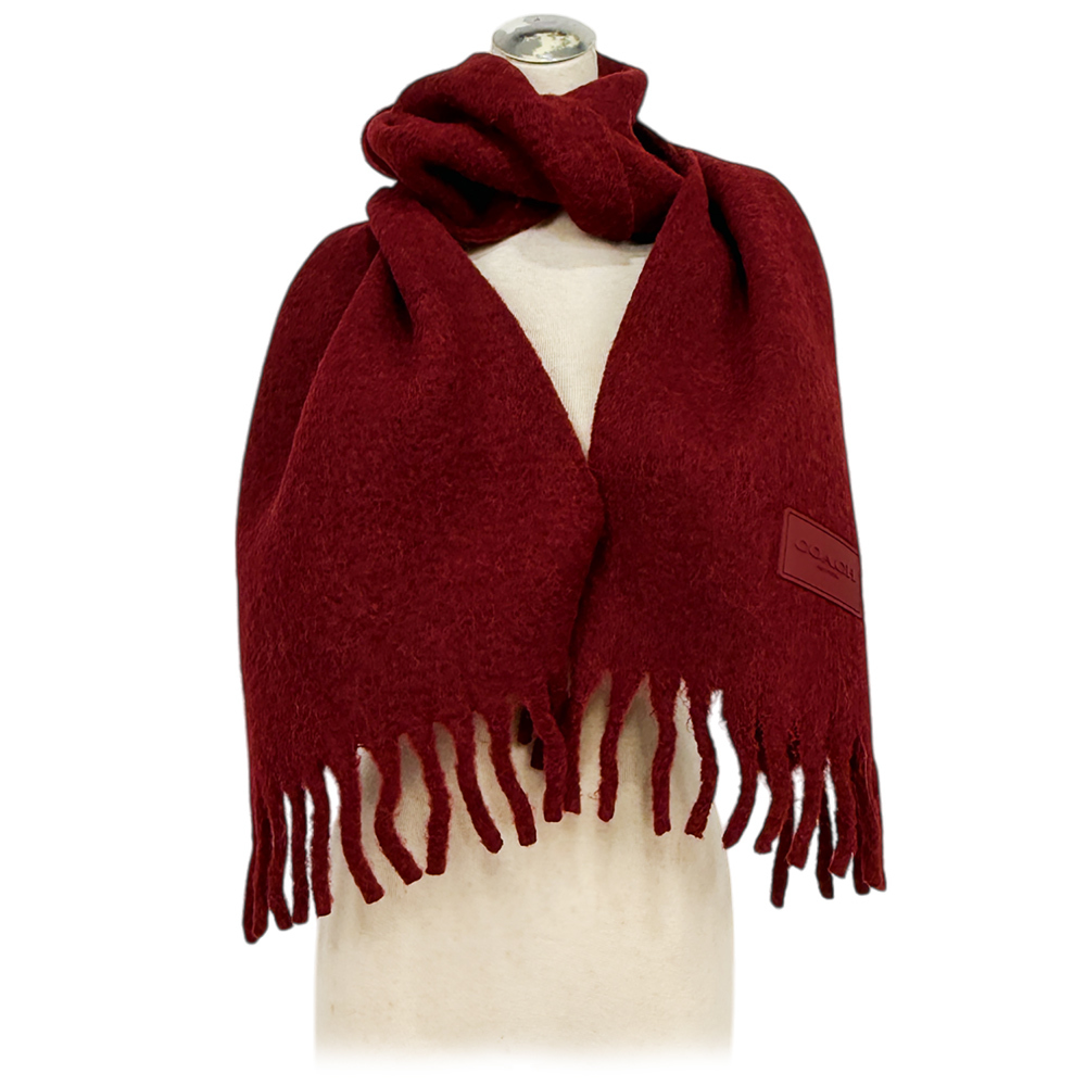 【COACH】橡膠Logo 素面羊駝毛圍巾(酒紅色)CU815 WIN