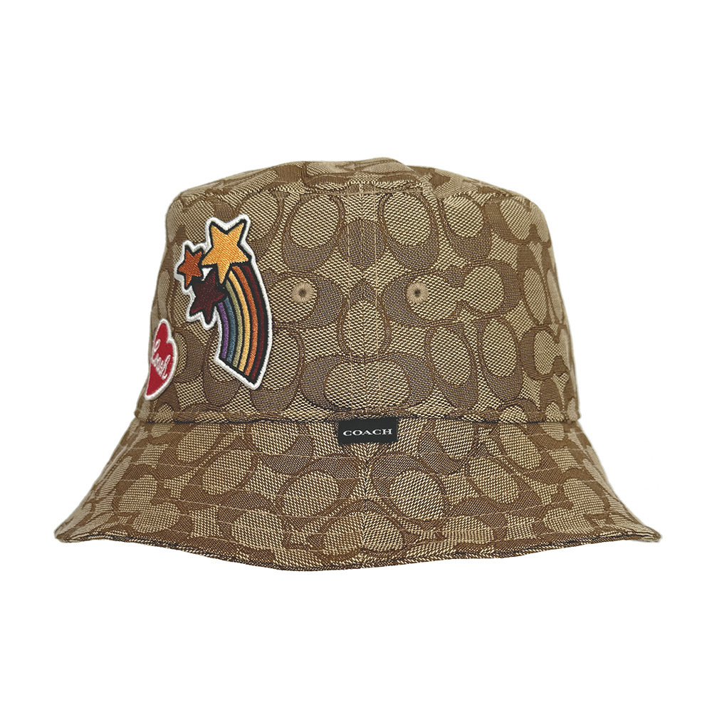 【COACH】滿版CC Logo 緹花布愛心及流星補丁漁夫帽 XS-S  / M-L (卡其色)CX203 KHMC