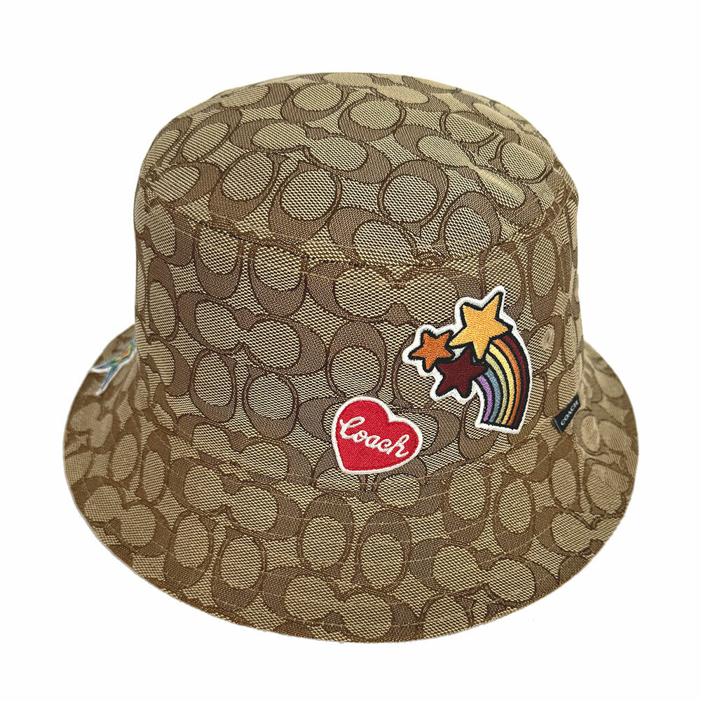 【COACH】滿版CC Logo 緹花布愛心及流星補丁漁夫帽 XS-S  / M-L (卡其色)CX203 KHMC