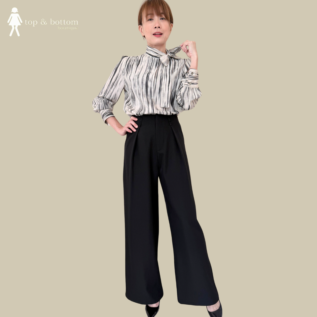 SATIN LONG SLEEVE PRINTED RIBBON BLOUSE