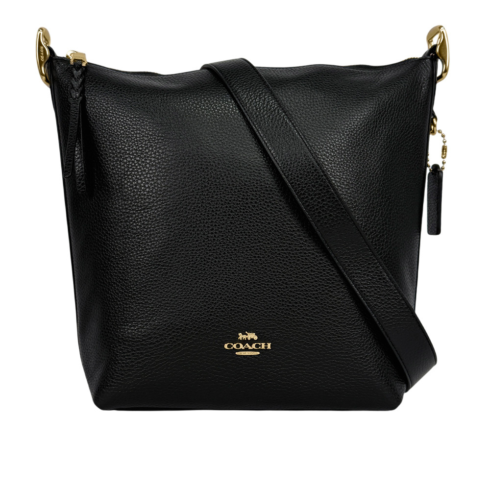 【COACH】Val 金字荔枝皮革斜背水桶包(黑色)