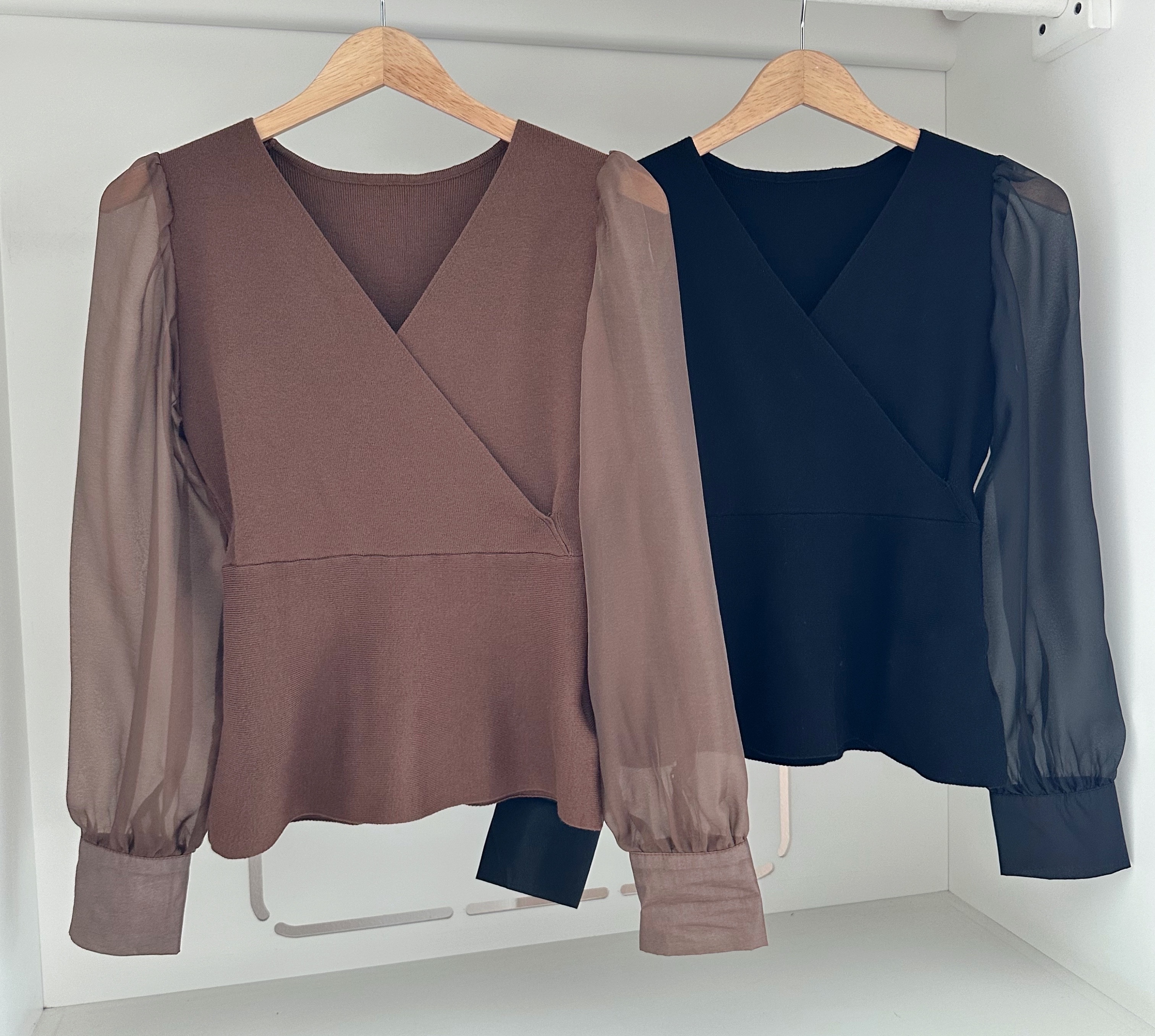 ORGANZA LONG SLEEVE KNIT PEPLUM BLOUSE