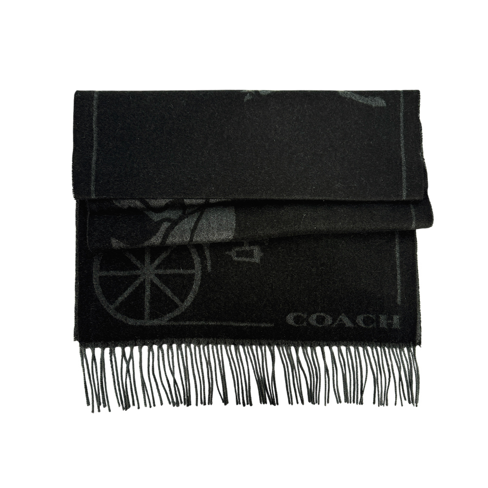 【COACH】馬與馬車圖案羊毛及羊絨長版圍巾(黑色)CU808 BLK
