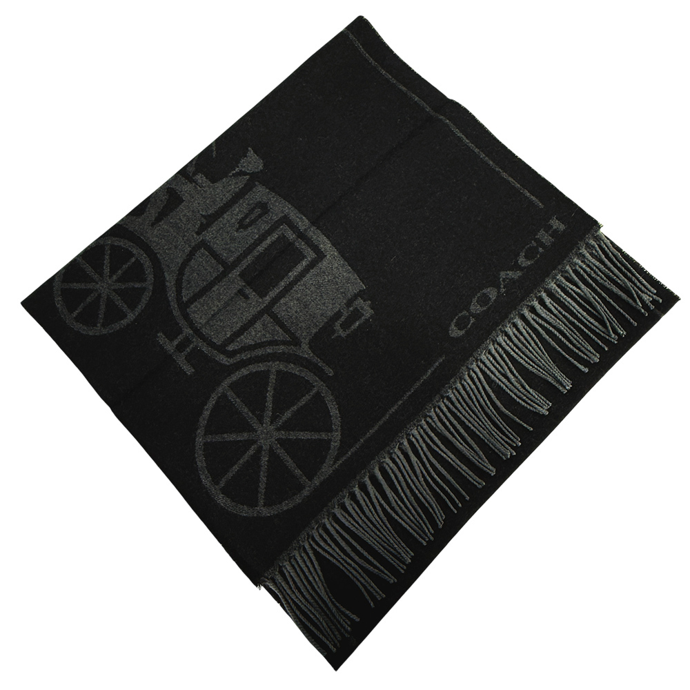 【COACH】馬與馬車圖案羊毛及羊絨長版圍巾(黑色)CU808 BLK
