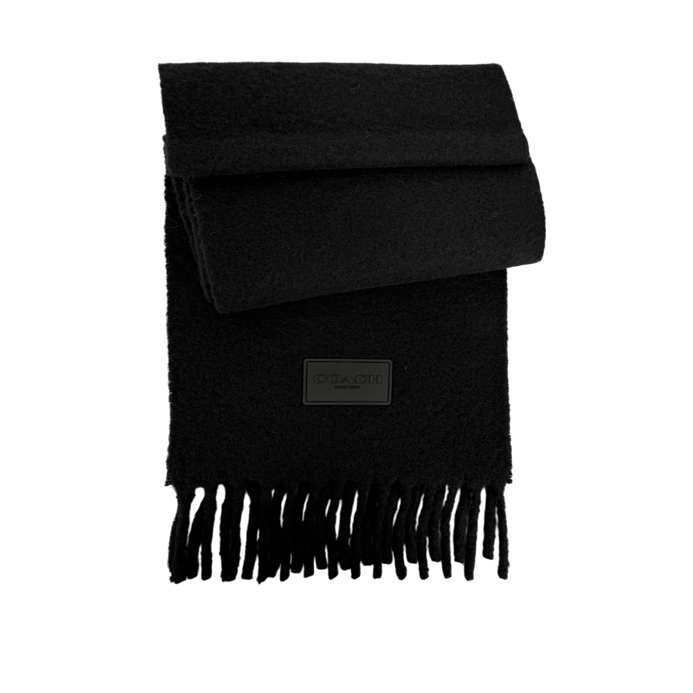 【COACH】橡膠Logo 素面羊駝毛圍巾(黑色)CU815 BLK