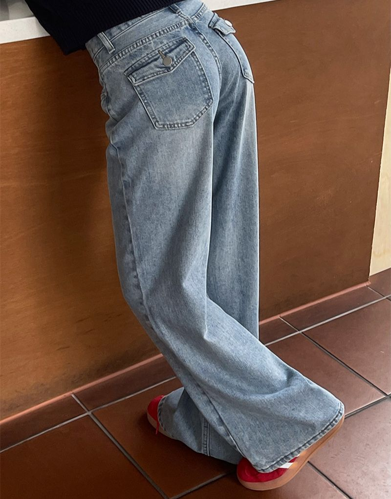 中高腰寬鬆版水洗牛仔褲
