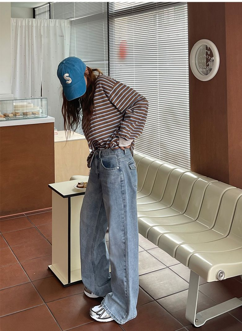 中高腰寬鬆版水洗牛仔褲