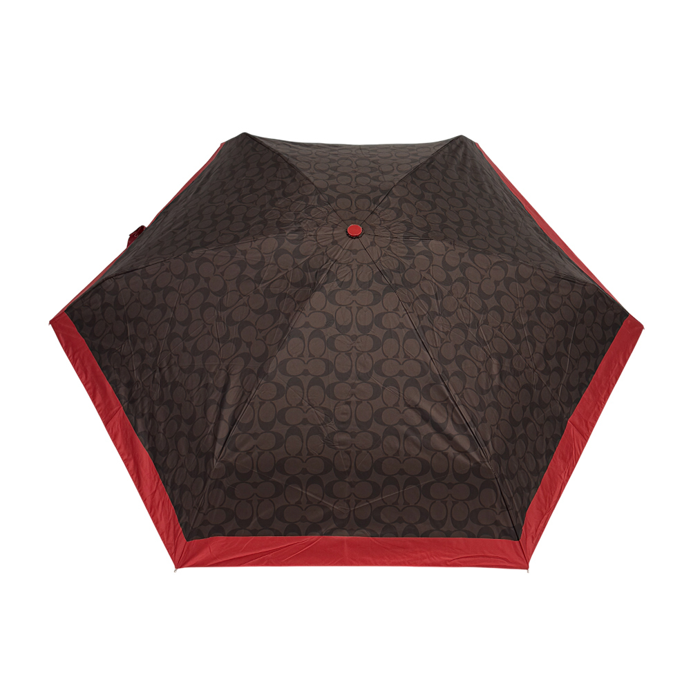 【COACH】CC Logo 滿版標誌環保材質迷你雨傘(棕色/亮紅色)