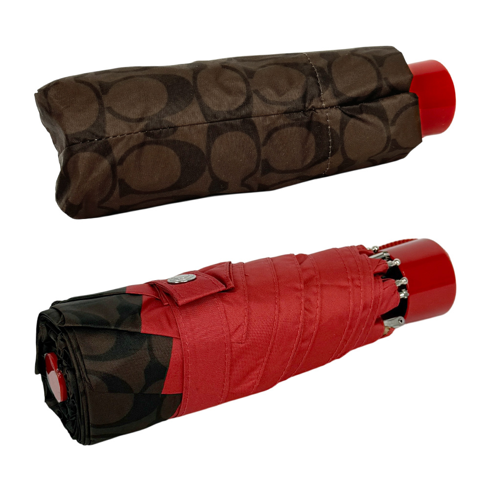 【COACH】CC Logo 滿版標誌環保材質迷你雨傘(棕色/亮紅色)C4322 SVXKJ