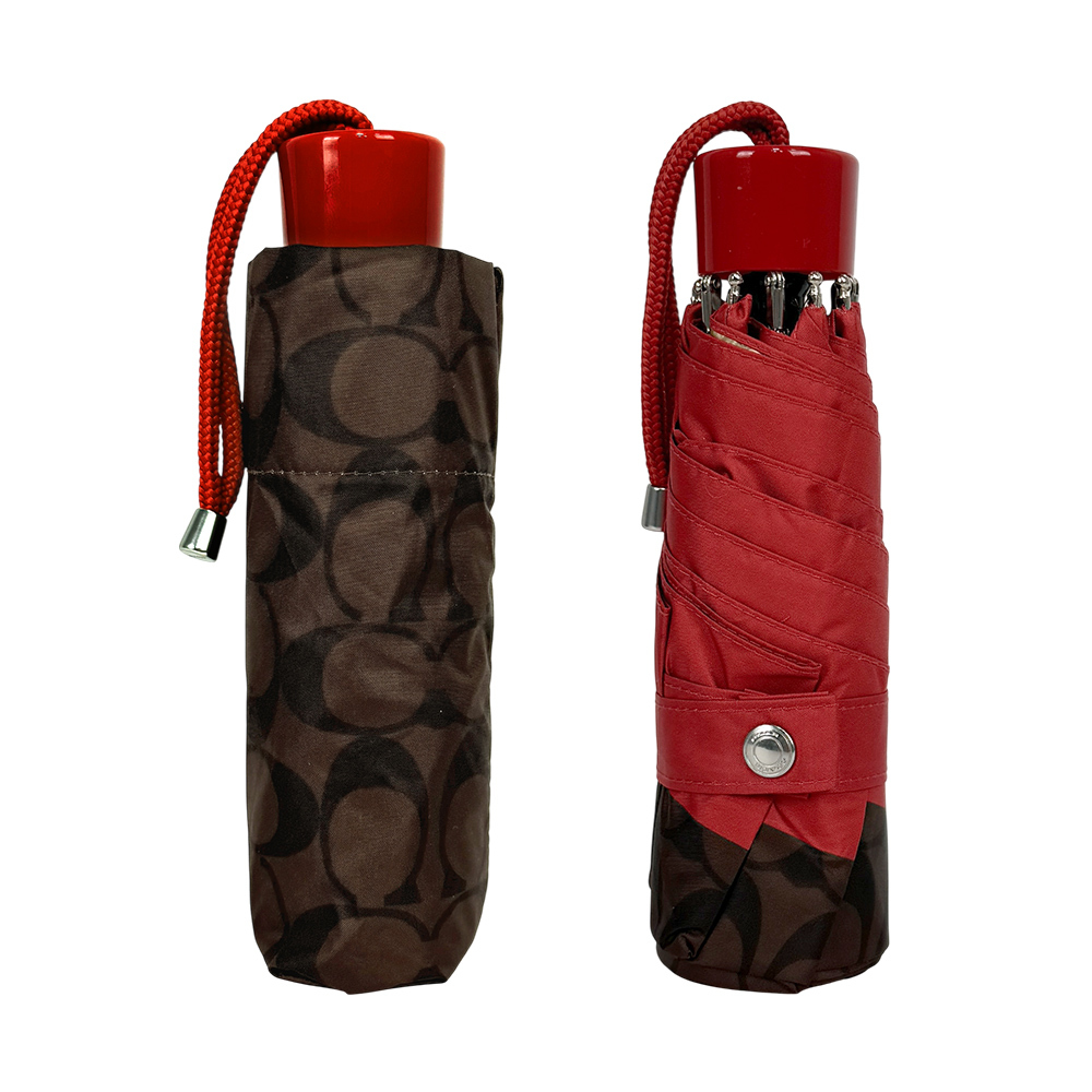 【COACH】CC Logo 滿版標誌環保材質迷你雨傘(棕色/亮紅色)C4322 SVXKJ