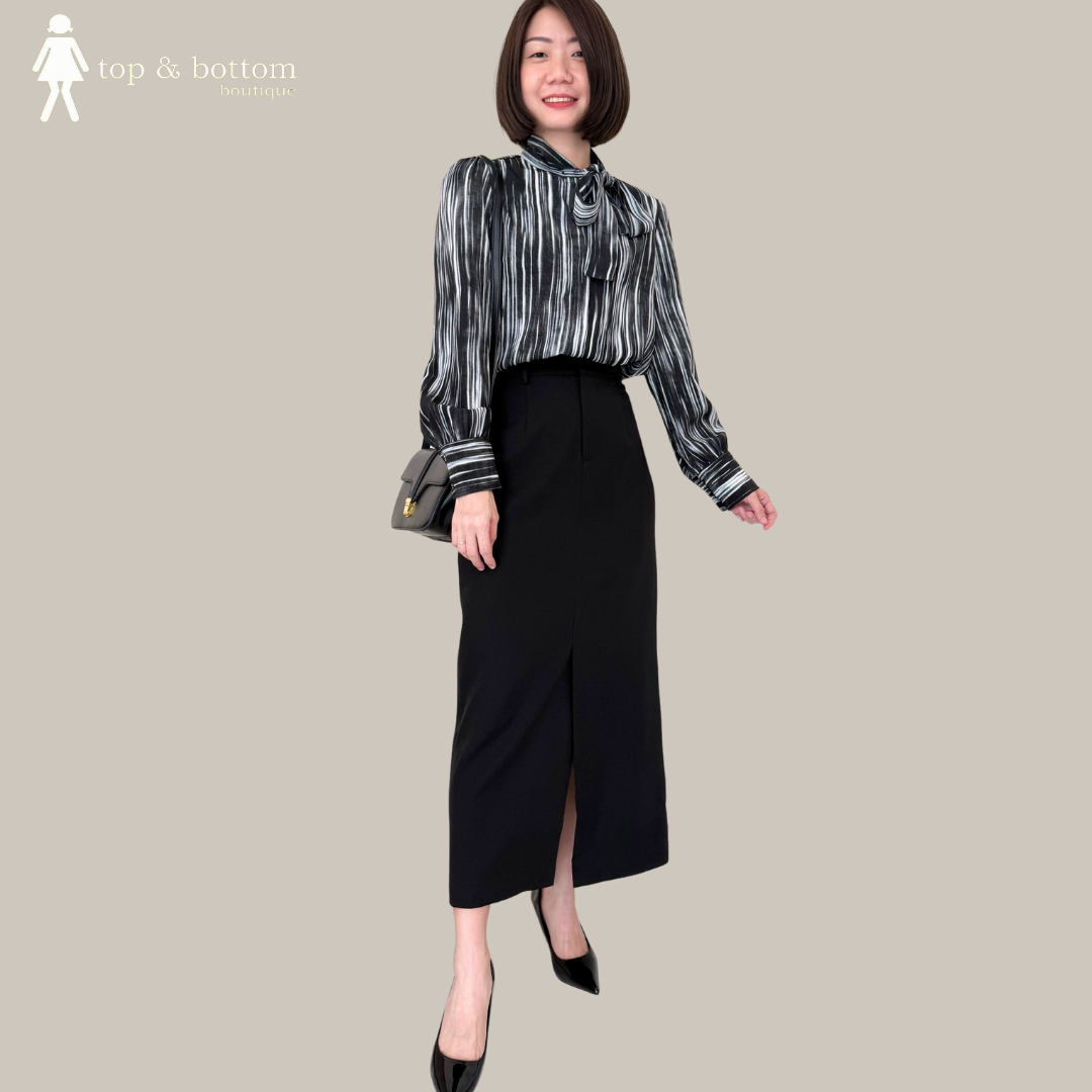 SATIN LONG SLEEVE PRINTED RIBBON BLOUSE