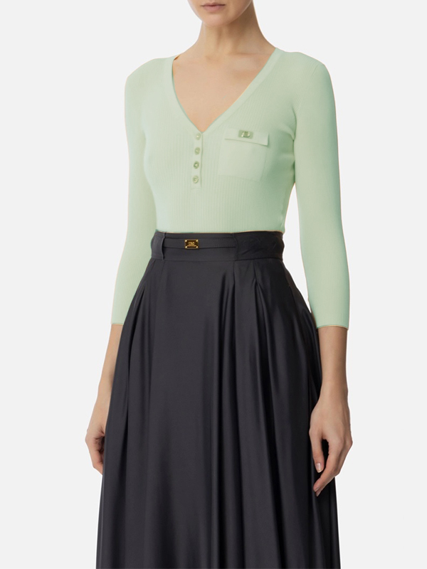 ‍‍Elisabetta Franchi  V領金釦七分袖上衣(薄荷綠)
