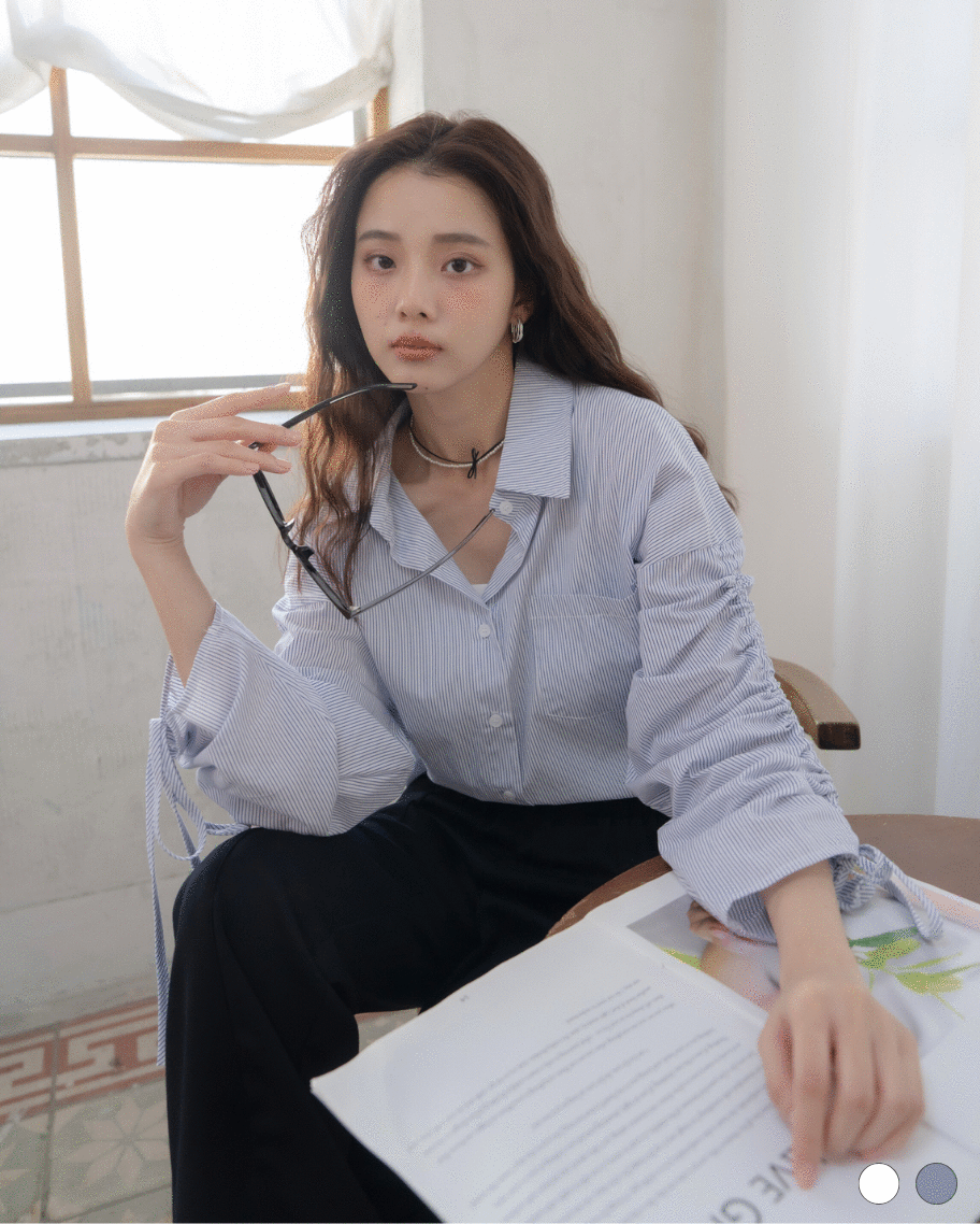 韓系條紋造型抽繩襯衫
