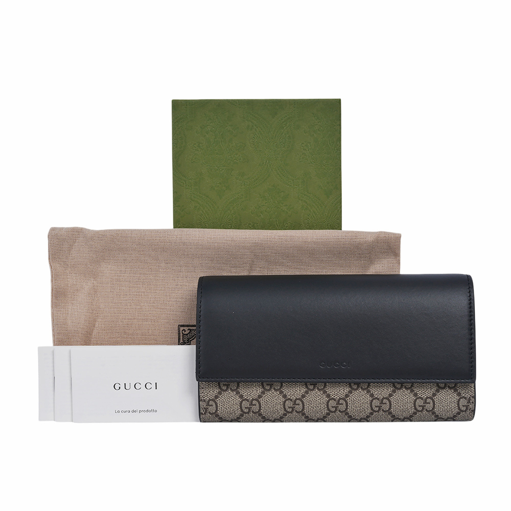 【GUCCI】GG Supreme 塗層帆布及皮革二折翻蓋長夾(米色/黑色)779785 KHNKG 9769