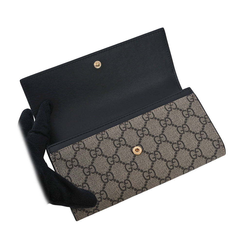 【GUCCI】GG Supreme 塗層帆布及皮革二折翻蓋長夾(米色/黑色)779785 KHNKG 9769