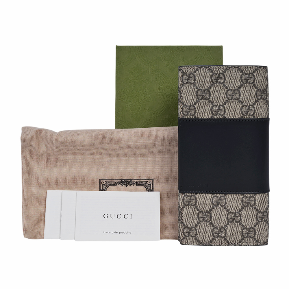 【GUCCI】GG Supreme 塗層帆布及皮革二折長夾(米色/黑色)779878 KGDHN 9769