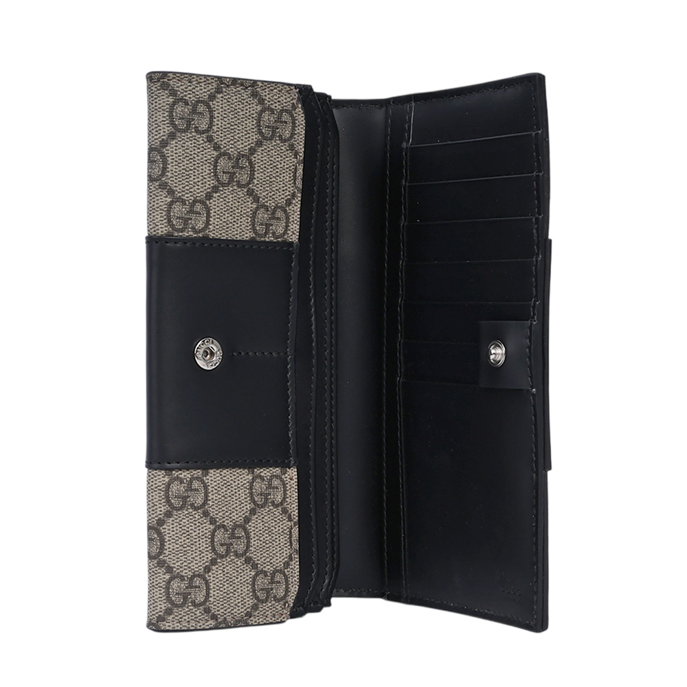 【GUCCI】GG Supreme 塗層帆布及皮革二折長夾(米色/黑色)779878 KGDHN 9769