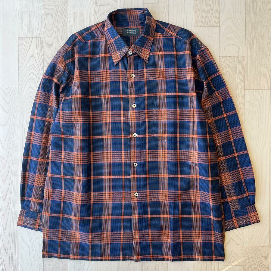 Jean Louis Scherrer日本製橙色配深藍色格紋長袖恤衫