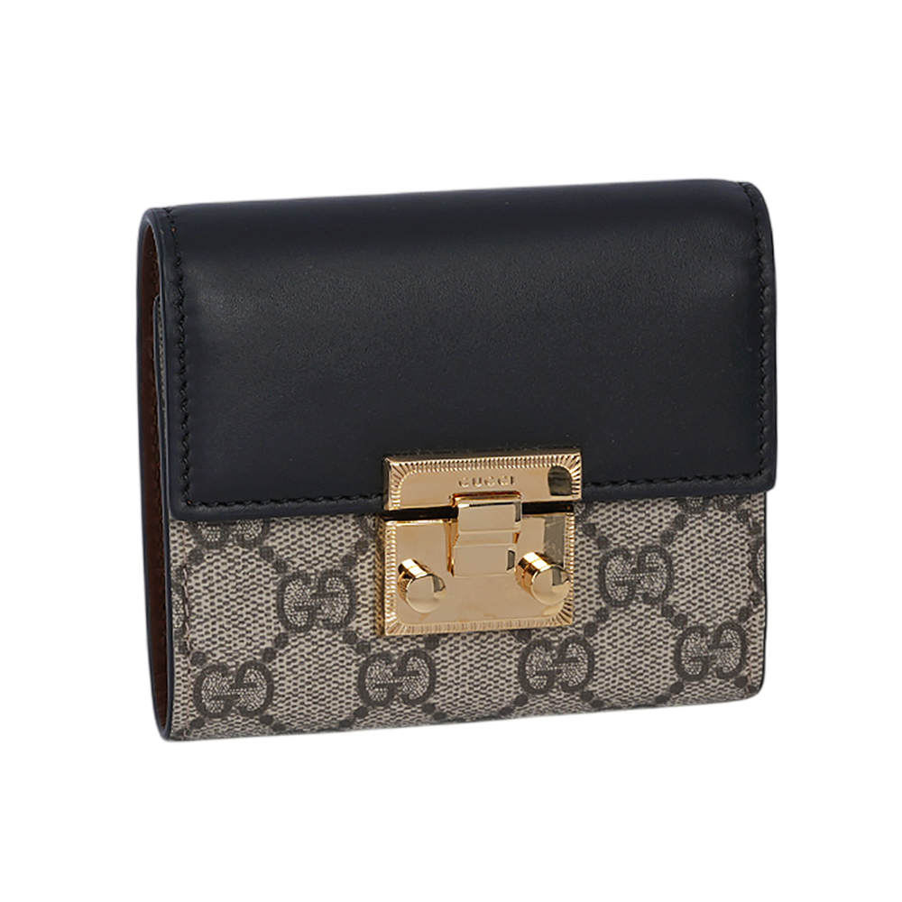 【GUCCI】Padlock 鎖釦設計塗層帆布及皮革三折短夾(米色/黑色)779799 KLQIG 8575