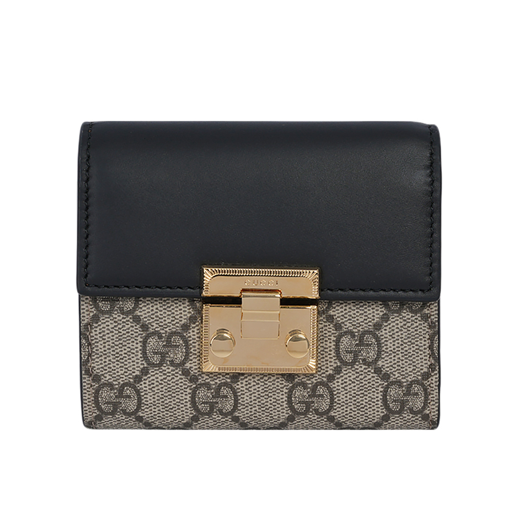 【GUCCI】Padlock 鎖釦設計塗層帆布及皮革三折短夾(米色/黑色)779799 KLQIG 8575